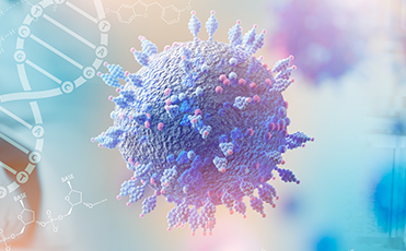 Rendering of COVID-19 virus with RNA strand in background